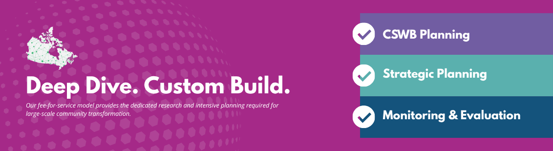Deep dive. Custom build. Our fee-for-service model provides the dedicated research and intensive planning required for large scale community transformation. - CSWB planning; - Strategic planning; - Monitoring & evaluation.